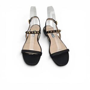 Prada Logo Black Leather Flat Ankle Strap Sandal Gold Buckle Size 36.5 6.5